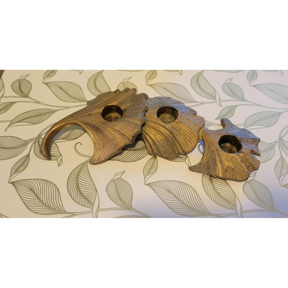 Vintage Triple Ginkgo Leaf Taper Candle Holder Brutalist Cast Metal Botanical